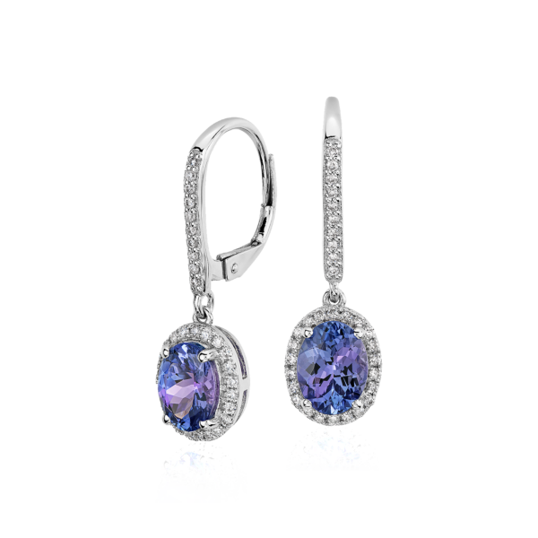 Tanzanite and Diamond Halo Drop Earrings in 14k White Gold (8x6mm)