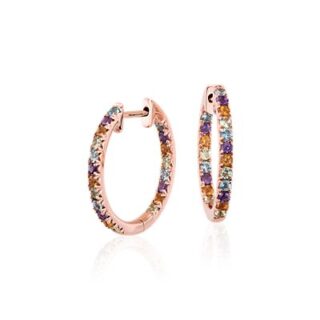 Multi-Gemstone Pavé Hoop Earrings in 14k Rose Gold (1.5mm)