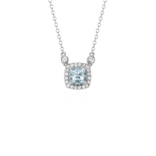 Cushion Aquamarine White Topaz Halo Pendant in Sterling Silver (6mm)