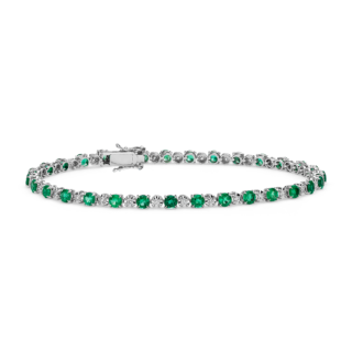 Alternating Size Emerald and Diamond Bracelet in 14k White Gold (3mm)