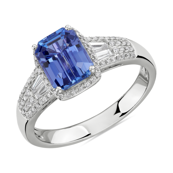 Emerald Cut Tanzanite Ring with Diamond Baguette Sidestones in 14k White Gold