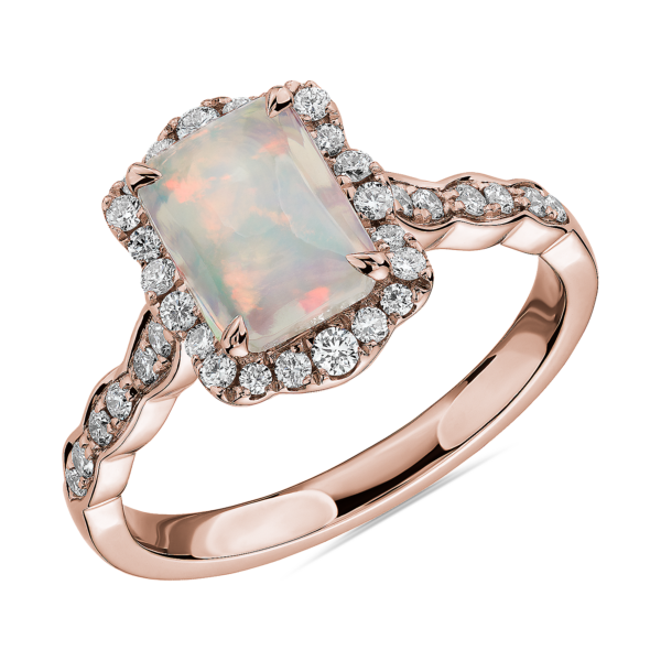 Emerald Cut Opal Ring with Diamond Halo in 14k Rose Gold