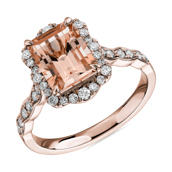 Emerald Cut Morganite Ring with Diamond Halo in 14k Rose Gold