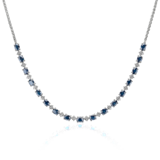 Oval Sapphire and Round Diamond Necklace in 14k White Gold