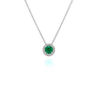 Emerald and Diamond Halo Pendant in 14k White Gold (5mm)