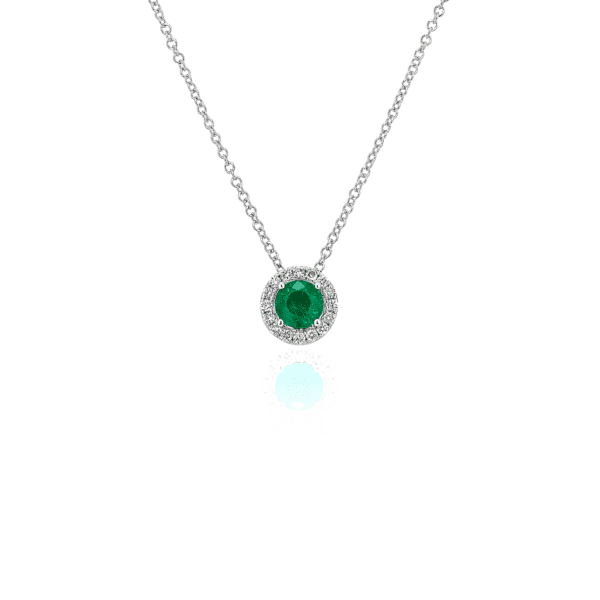 Emerald and Diamond Halo Pendant in 14k White Gold (5mm)