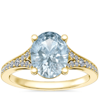 Petite Split Shank Pavé Cathedral Engagement Ring with Oval Aquamarine in 14k Yellow Gold (9x7mm)