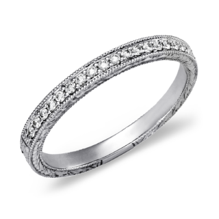 Hand-Engraved Micropavé Diamond Ring in 14k White Gold (1/8 ct. tw.)